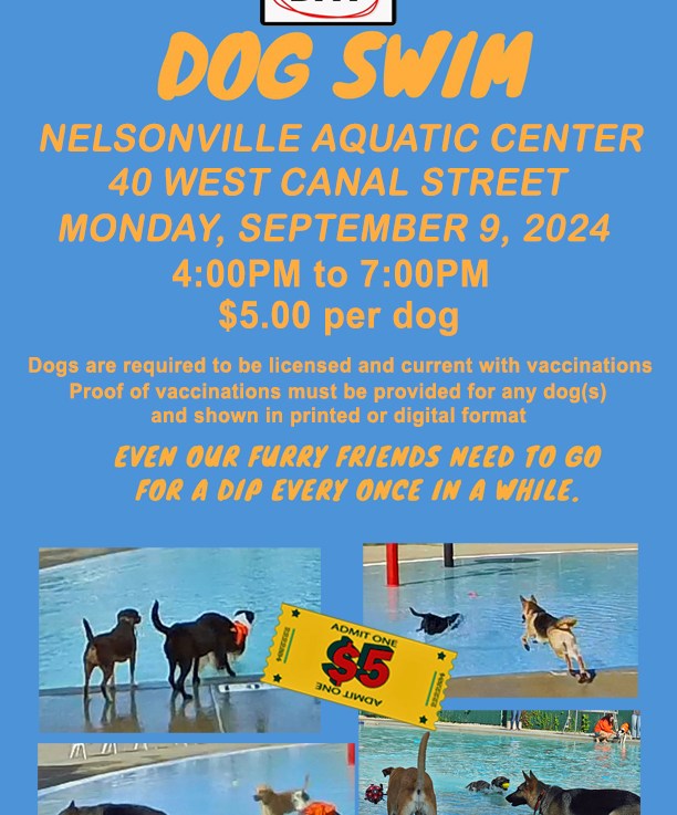 Today is the Day!! Nelsonville Aquatic Center Dog Swim Mon, 9/9/24, 4PM to 7PM, $5 per dog to benefit the Nelsonville Dog&nbsp;Park