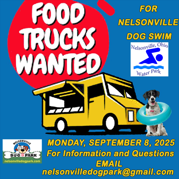 Nelsonville Dog Swim seeking food truck vendors for event Mon, 9/8/2025, 4PM to 7PM, Nelsonville Water Park, information at nelsonvilledogpark@gmail.com