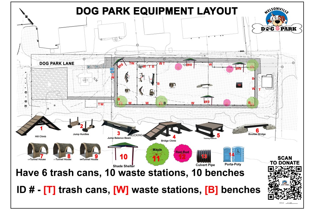 Coming to the Nelsonville Dog Park, benches, charcoal grills, trash cans, security lights, and pet waste&nbsp;stations