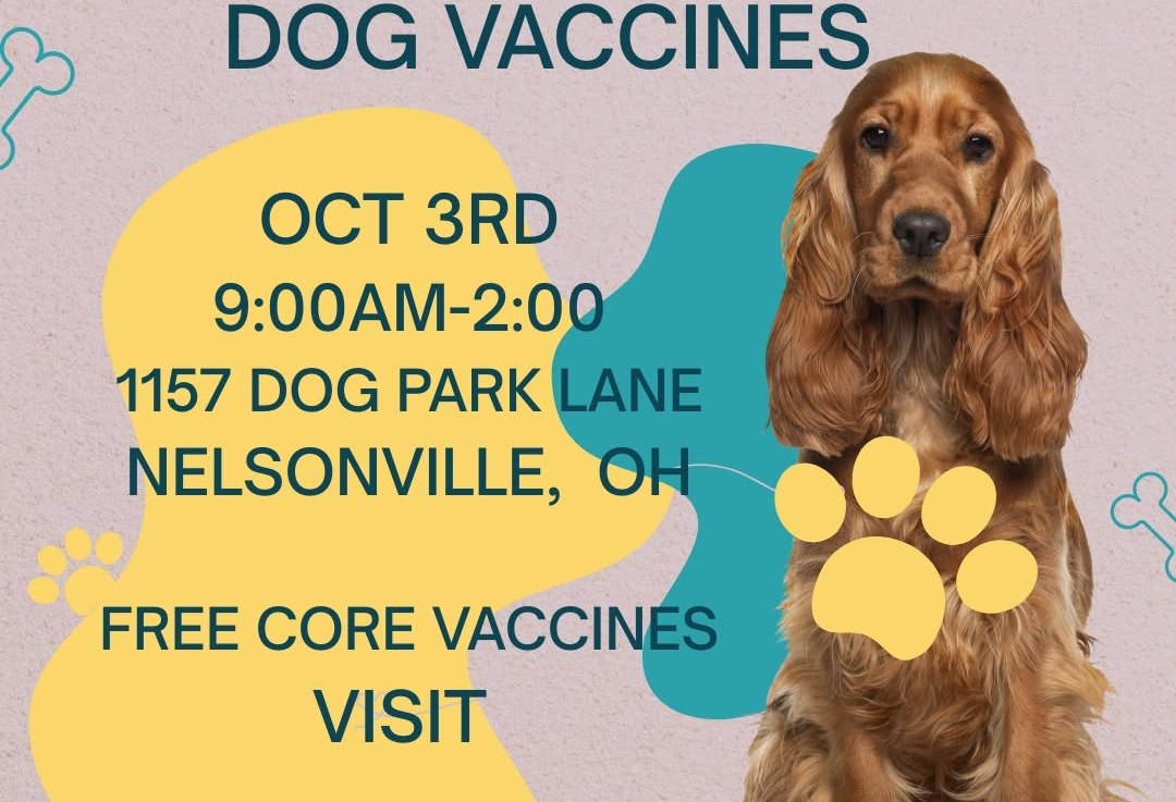 The Libby Project is holding a free core vaccines clinic at the Nelsonville Dog Park, Sat, 10/3/2026, 9AM until 2PM, pre-register at www.thelibbyproject.com/events